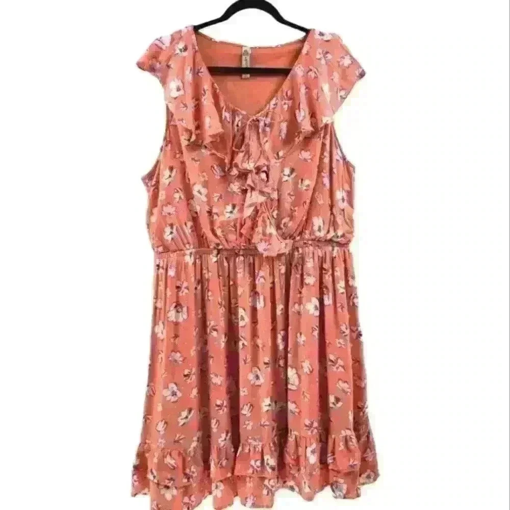☆ American Rag Cie 1X Pink Floral Faux Wrap Sleeveless Ruffle Front Dress. 3/$30